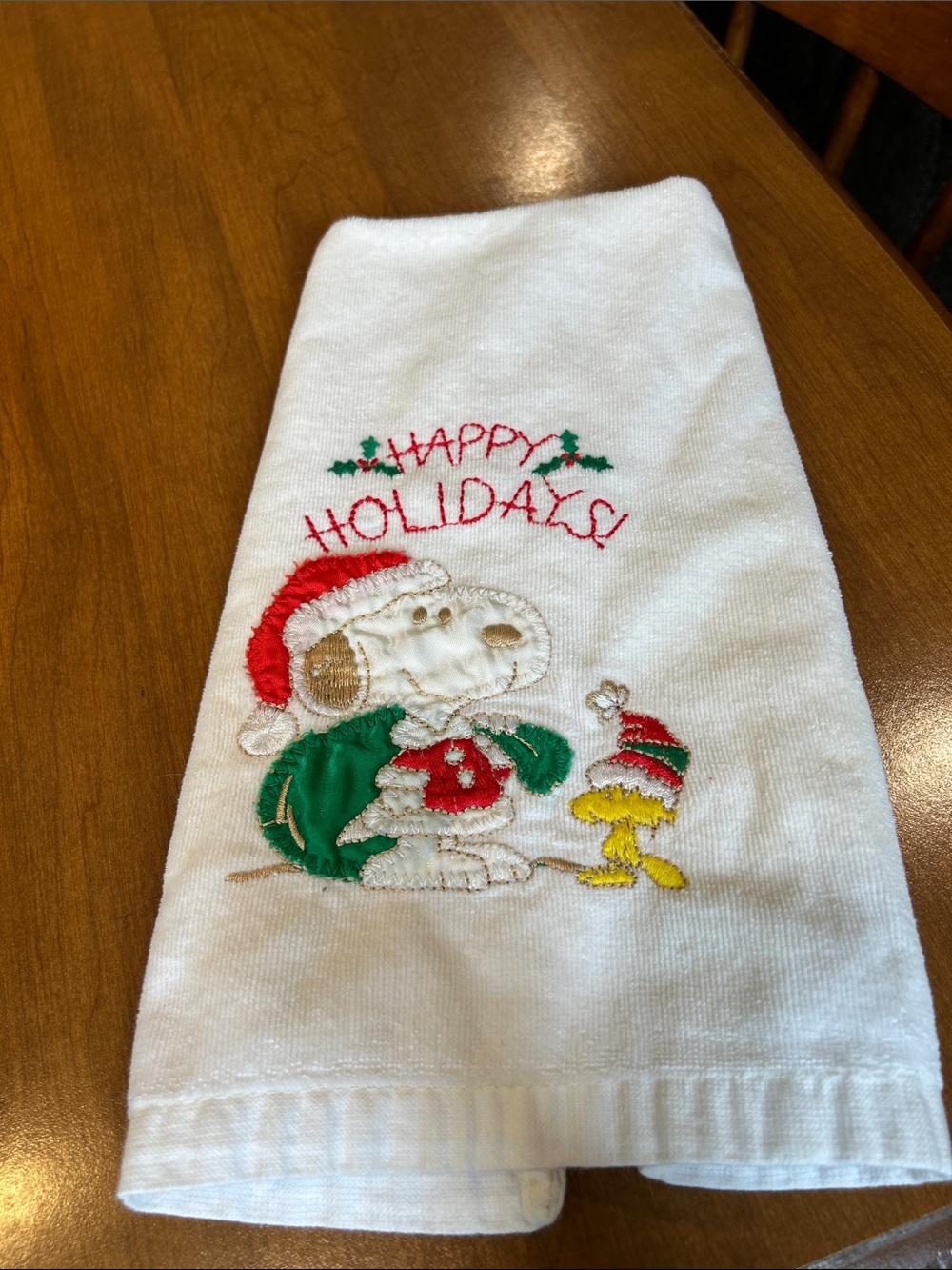 Embroidered 'Happy Holidays' Snoopy & Woodstock Kitchen Towel - White